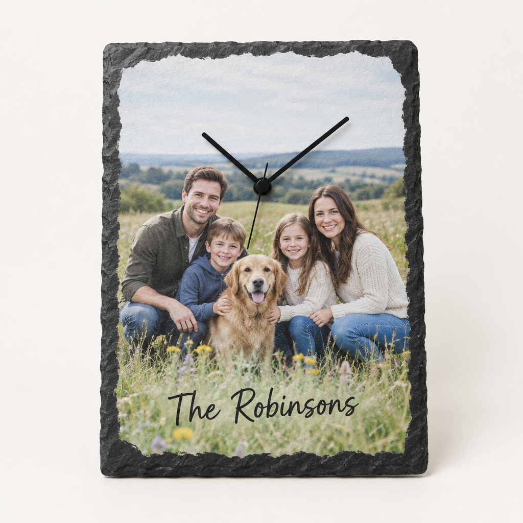 Personalised Slate Photo Clock – 25x40cm Rock Slate Wall Clock with Family Name – Personalised Slate Photo Clock – personalised slate photo clock printed with a family of four with a dog in a meadow and the