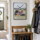 Personalised slate photo clock, hanging in a bright hallway above a bench with coats and boots