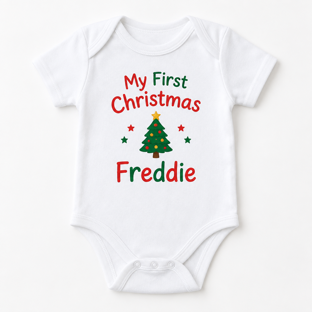 My First Christmas Baby Grow – Personalised with Name – 0-3, 3-6 & 6-12 Months – My first Christmas baby grow with the name Freddie on a white background