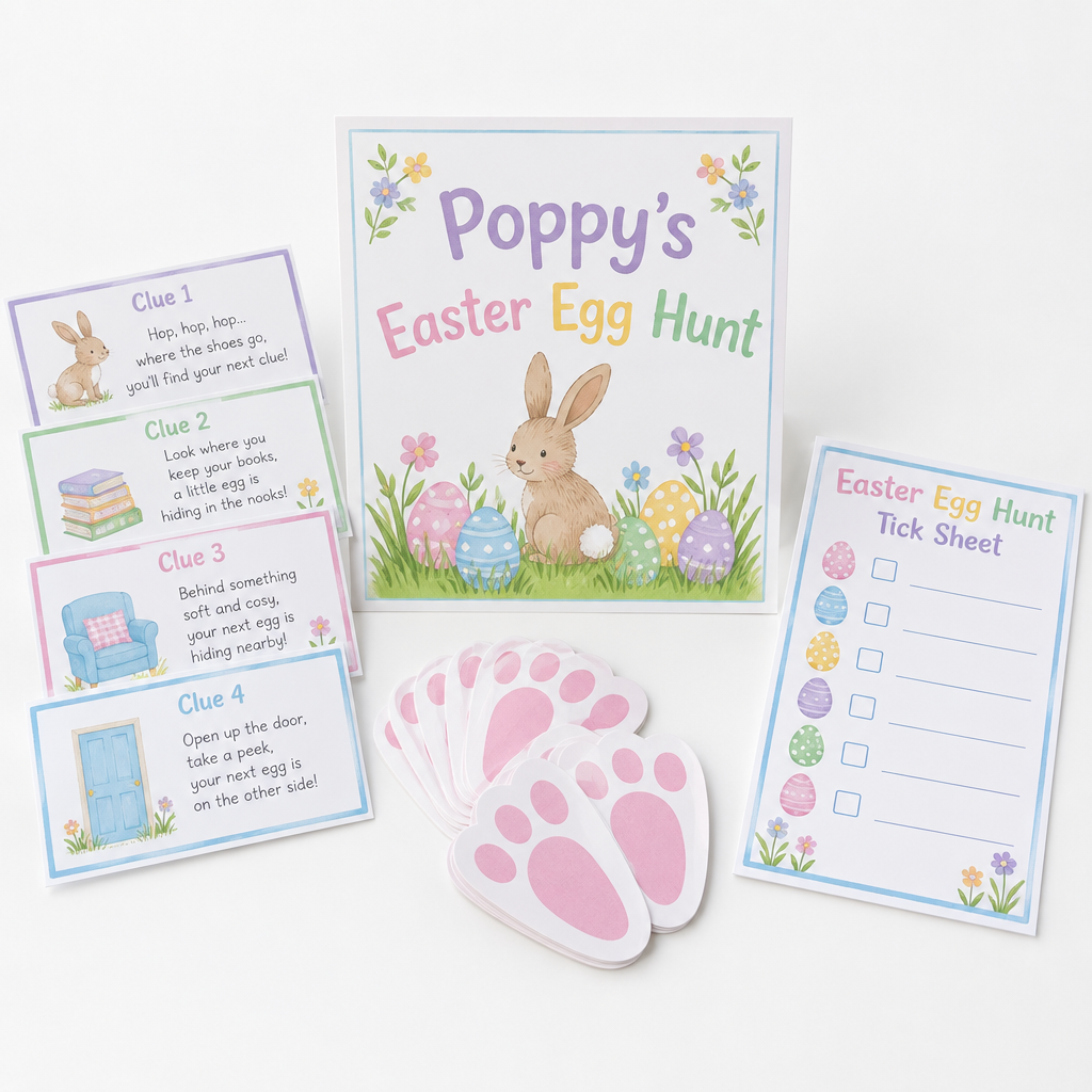 Personalised Easter Egg Hunt Kit – Child's Name – Printed Easter Activity for Kids – Personalised Easter egg hunt kit with the name Poppy on a white background