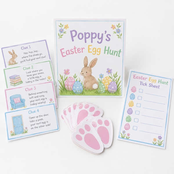 Personalised Easter egg hunt kit with the name Poppy on a white background