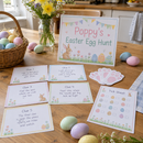 Personalised Easter egg hunt kit with the name Poppy laid out on a kitchen table