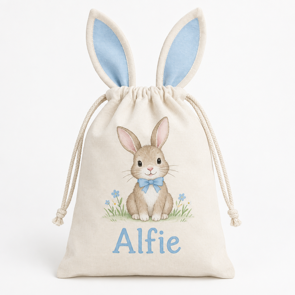 Personalised Easter Basket Bag – Child's Name – Egg Hunt Bag for Kids – Personalised Easter basket bag with the name Alfie on a white background
