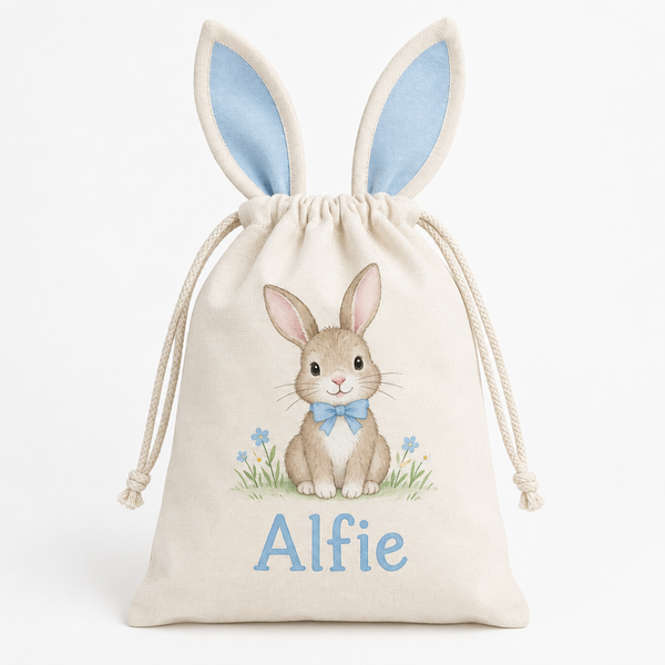 Personalised Easter basket bag with the name Alfie on a white background