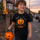Personalised Halloween kids t-shirt with the name Leo worn while trick-or-treating