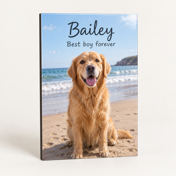 Personalised Wooden Photo Plaque – personalised wooden photo plaque printed with a photo of a golden retriever on a beach
