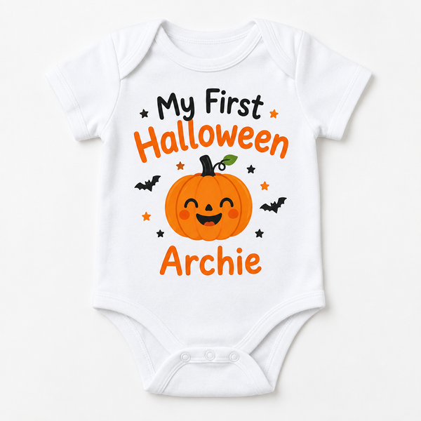 My first Halloween baby grow with the name Archie on a white background