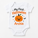 My first Halloween baby grow with the name Archie on a white background