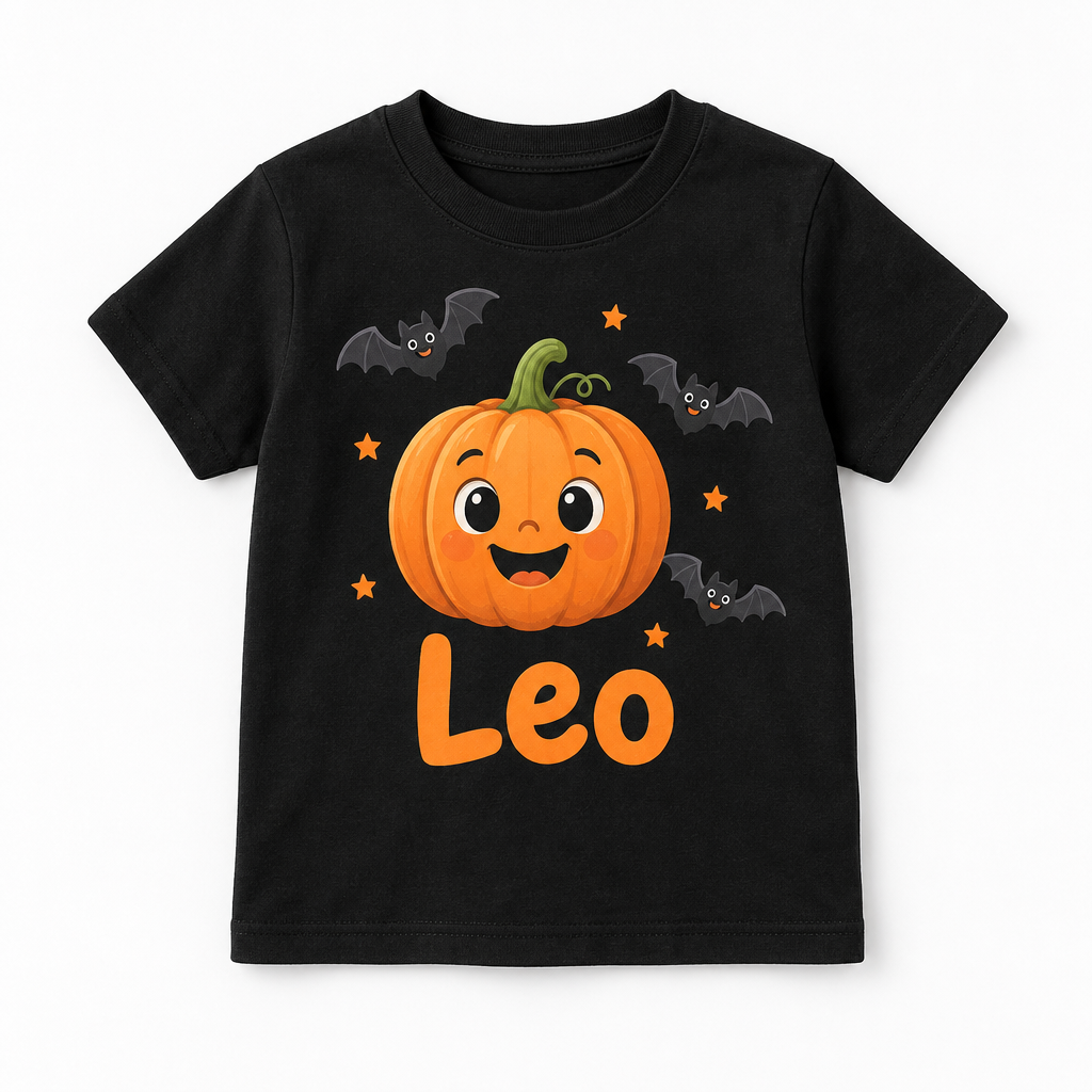 Personalised Halloween Kids T-Shirt – Child's Name – Ages 3-4 to 9-11 Years – Personalised Halloween kids t-shirt with the name Leo on a white background