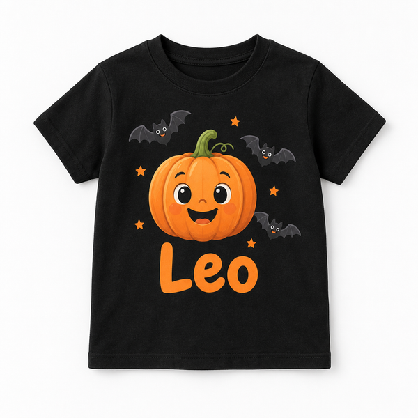 Personalised Halloween kids t-shirt with the name Leo on a white background