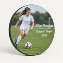 Personalised award plaque printed with an action photo of a girl playing football and the text Ellie Morgan, Players' Player and 2026, on a plain background
