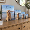 Personalised wooden photo plaque, several sizes displayed together on a sideboard as a family photo set
