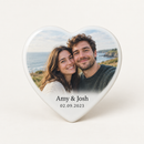 Personalised heart photo tile printed with a couple photo and the text Amy & Josh and 02.09.2023, on a plain background