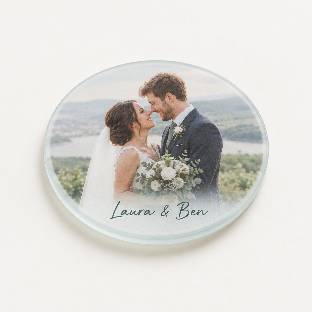 Personalised Glass Photo Coaster – Frosted Glass 10cm Round or Square with Name – Personalised glass photo coaster printed with a wedding photo and the name Laura & Ben, on a plain background