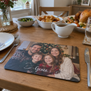 Personalised photo placemat, on a dining table set for Sunday roast with plates and cutlery in a UK home