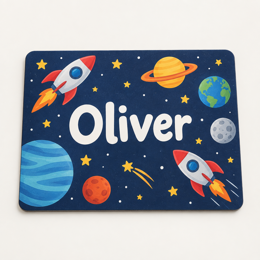 Personalised Kids Placemat – Name & Pictures – 19x23cm Children's Table Mat – Personalised Kids Placemat – personalised kids placemat printed with a fun space theme with rockets and planets and the name