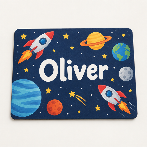 Personalised Kids Placemat – personalised kids placemat printed with a fun space theme with rockets and planets and the name