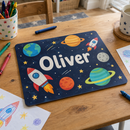 Personalised kids placemat, on a kids' craft table with crayons and paper