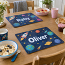 Personalised kids placemat, two placemats with the names Oliver and Ruby on a family breakfast table