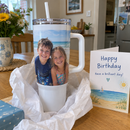 Photo tumbler printed with a family picture, ready to give as a birthday gift