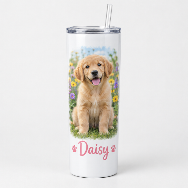 Personalised Stainless Steel Tumbler with Straw – personalised tumbler with straw printed with a dog photo and the name Daisy