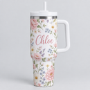Personalised 40oz tumbler with handle, lid and straw printed with a floral pattern and the name Chloe