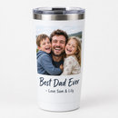 Personalised travel mug printed with a family photo and a Best Dad Ever message