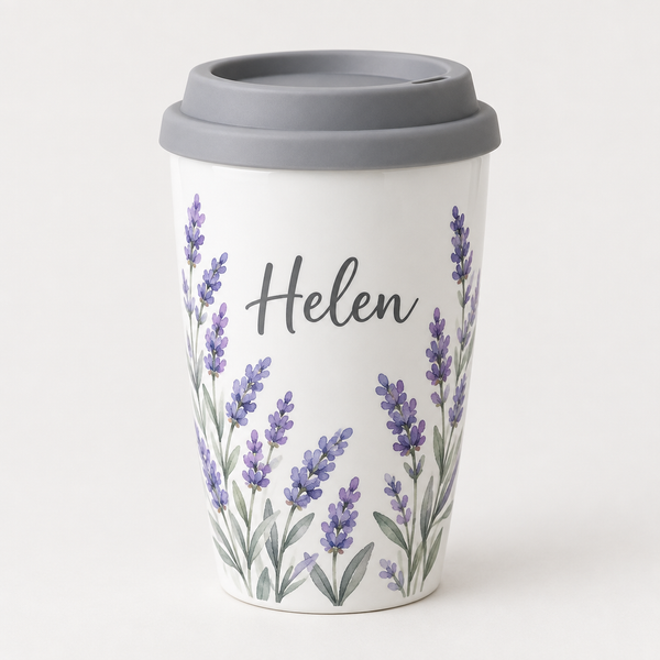 Personalised ceramic travel mug with silicone lid and the name Helen