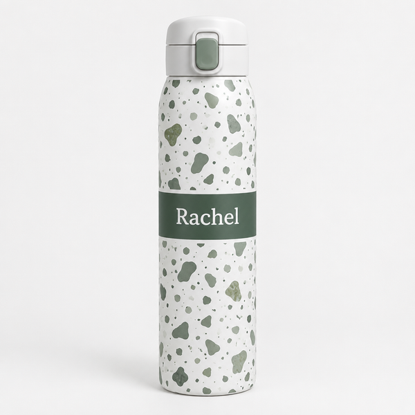 Personalised stainless steel bottle with one-touch lid, terrazzo pattern and the name Rachel