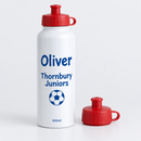 Personalised aluminium water bottle with two lids printed with a name and junior team