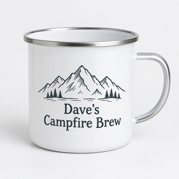 Personalised enamel camping mug with silver rim printed with mountains and a name