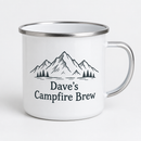 Personalised enamel camping mug with silver rim printed with mountains and a name