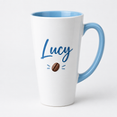 Personalised latte mug with light blue inside and handle and the name Lucy