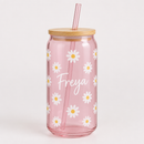 Personalised glass can cup with bamboo lid and straw, daisy pattern and the name Freya
