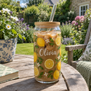 Name glass can cup with iced coffee in a garden