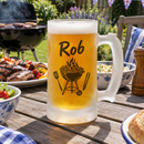 Frosted trigger-handle stein with a name at a garden barbecue
