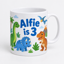 Personalised kids unbreakable mug with dinosaurs and Alfie is 3