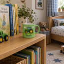 Green kids mug with a tractor and a name in a nursery