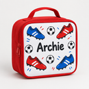 Personalised kids lunch bag with a name panel showing football boots and the name Archie