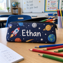 Canvas name pencil case on a classroom desk