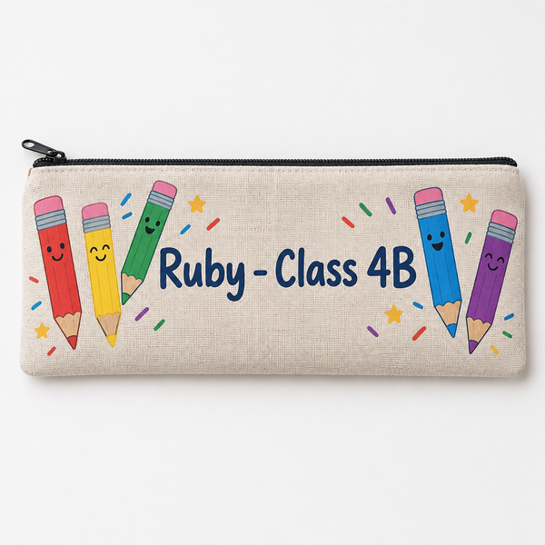 Personalised pencil case in linen printed with pencils, a name and class