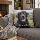 Photo cushion with a labrador and name on a sofa