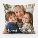 Personalised photo cushion cover printed with grandchildren and Nanny's Favourites