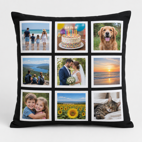 Personalised photo collage cushion with nine family photos on a black cover