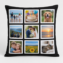 Personalised photo collage cushion with nine family photos on a black cover