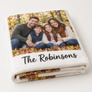 Personalised photo blanket with a family photo and the family name