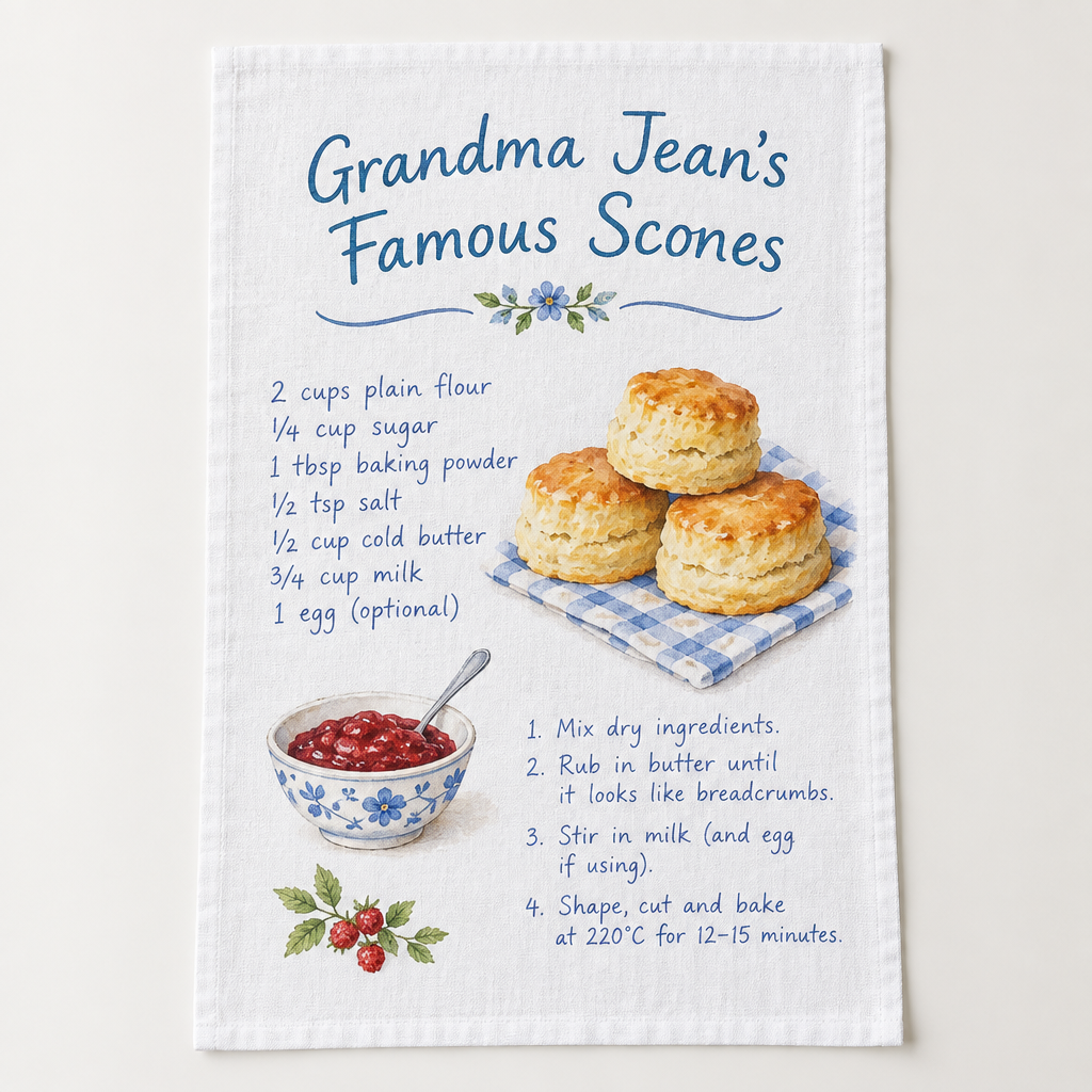 Personalised Tea Towel – Name, Photos, Recipe or Message – Half Panama or Waffle – Personalised tea towel printed with Grandma Jean's scone recipe
