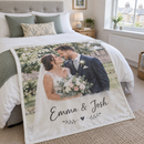 Wedding photo blanket on a bed