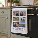 Photo collage tea towel hanging on an oven door