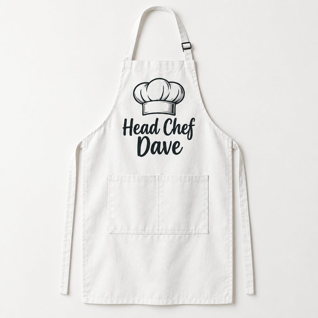 Personalised Apron with Pocket – Name, Title & Photo – White or Cream Canvas – Personalised apron with pocket printed with Head Chef Dave
